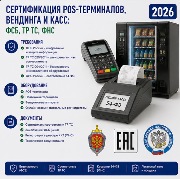 Сертификация POS-терминалов, вендинга и касс: ФСБ, ТР ТС, ФНС в России