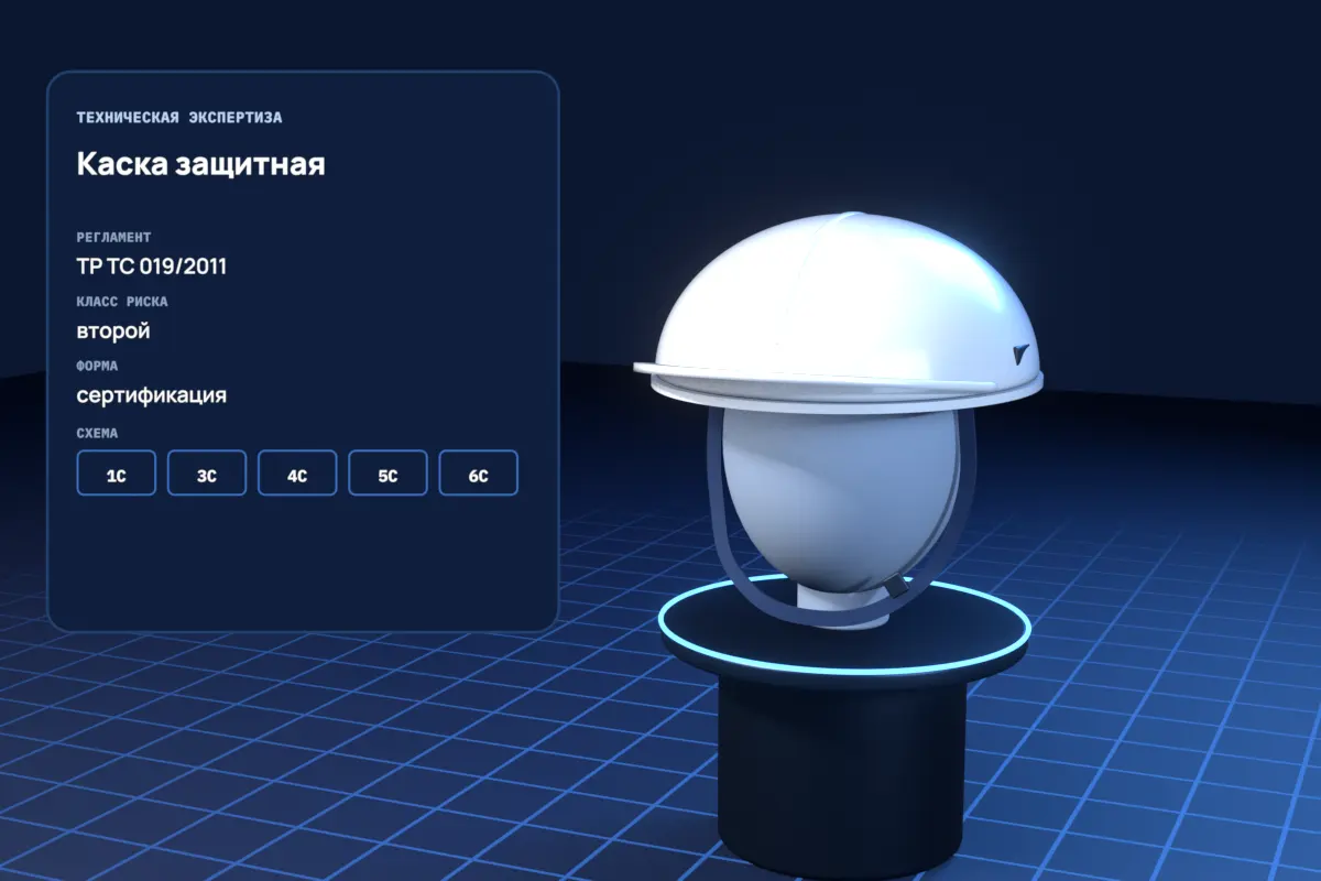 Каска защитная на макете головы и карточка технической экспертизы: ТР ТС 019/2011, второй класс риска, форма — сертификация, схемы 1С–6С