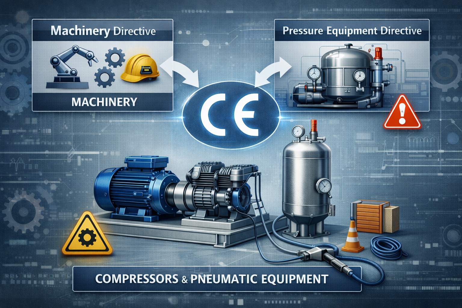 CE маркировка компрессоров и пневмооборудования: Machinery Directive и PED одновременно
