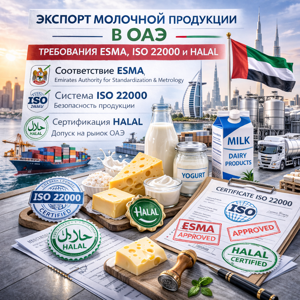 Экспорт молочной продукции в ОАЭ: требования ESMA, ISO 22000 и Halal