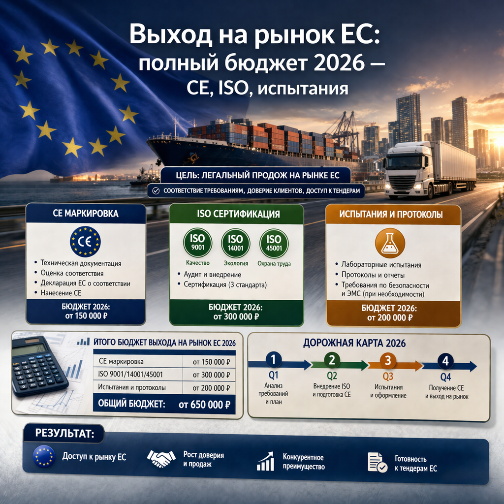 Выход на рынок ЕС: полный бюджет 2026 — CE, ISO, испытания