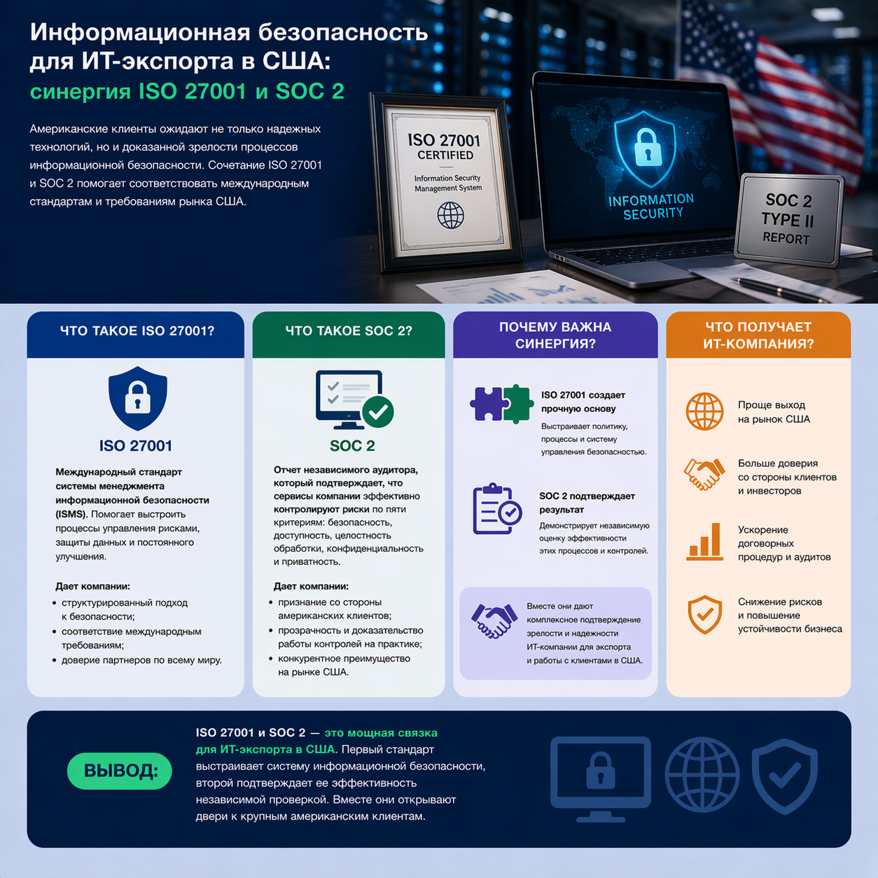 Информационная безопасность для ИТ-экспорта в США: синергия ISO 27001 и SOC 2