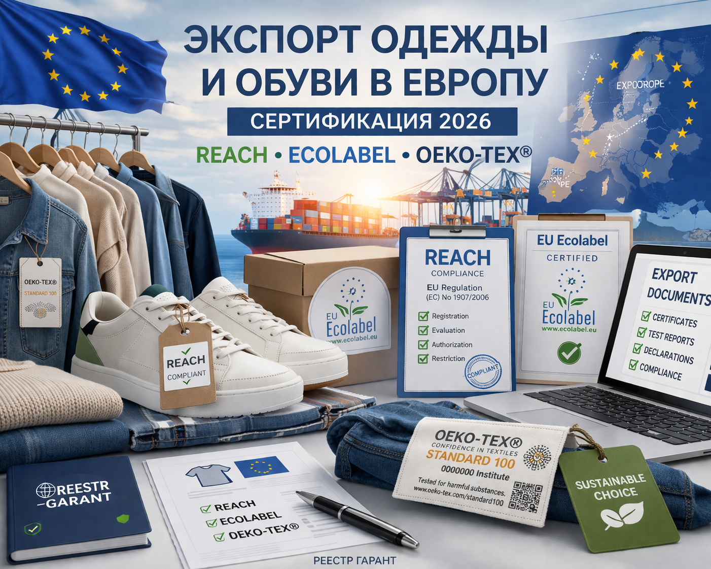 Экспорт одежды и обуви в Европу: сертификация REACH, Ecolabel, OEKO-TEX 2026 | Реестр Гарант