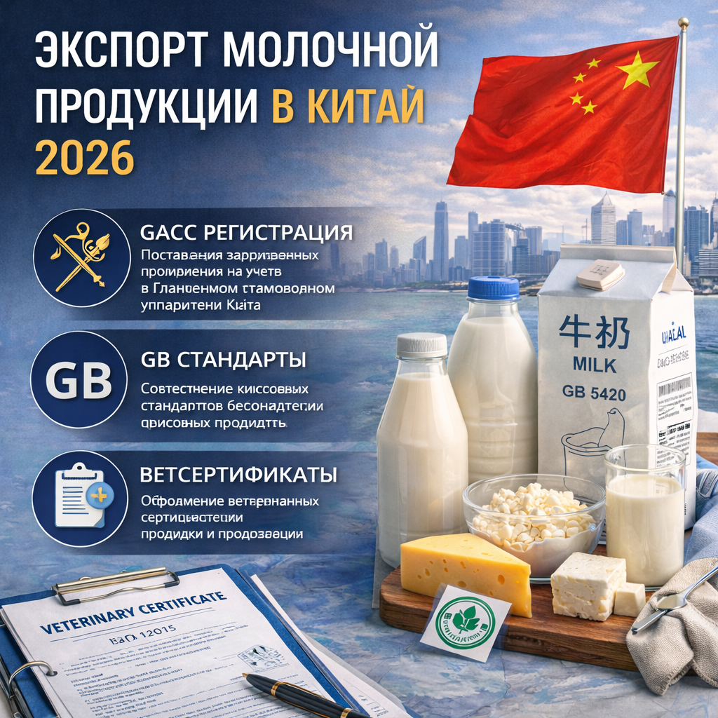 Экспорт молочной продукции в Китай 2026: GACC регистрация, GB стандарты, ветсертификаты