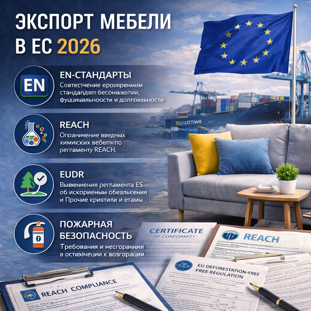 Экспорт мебели в ЕС 2026: EN-стандарты, REACH, EUDR, пожарная безопасность — требования и сроки