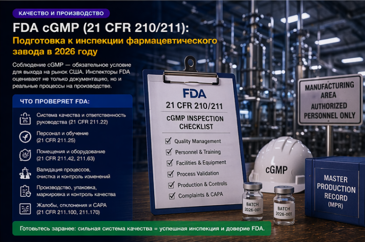 FDA cGMP (21 CFR 210/211): Подготовка к инспекции фармацевтического завода в 2026 году