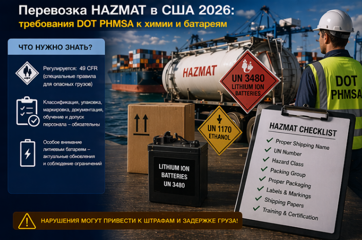 Перевозка HAZMAT в США 2026: требования DOT PHMSA к химии и батареям