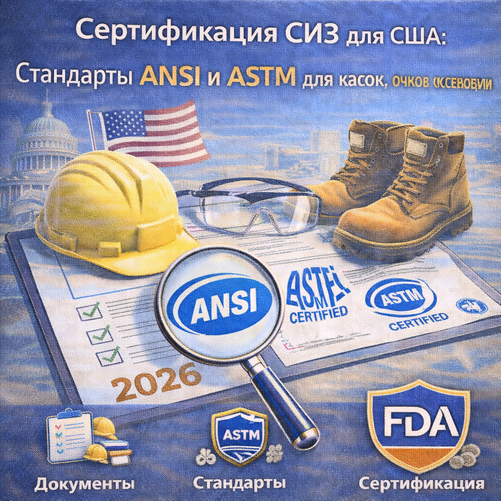 Сертификация СИЗ для США: Стандарты ANSI и ASTM для касок, очков и спецобуви