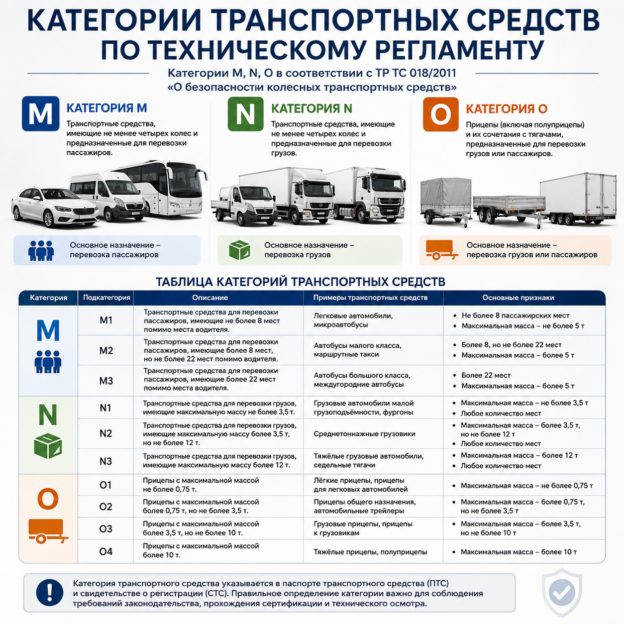 Категории транспортных средств по техническому регламенту: M, N, O и таблица