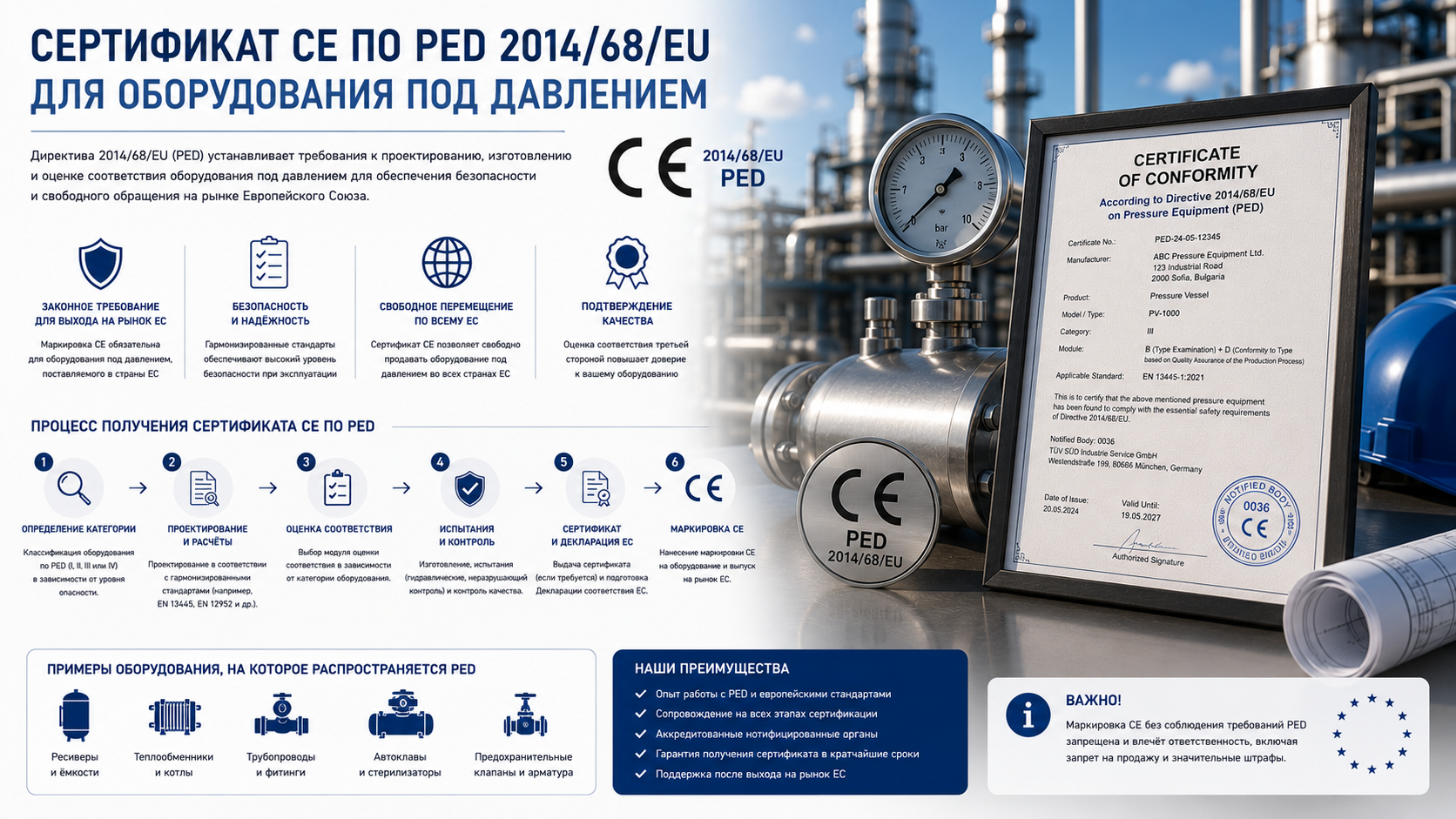 Сертификат CE по PED 2014/68/EU для оборудования под давлением
