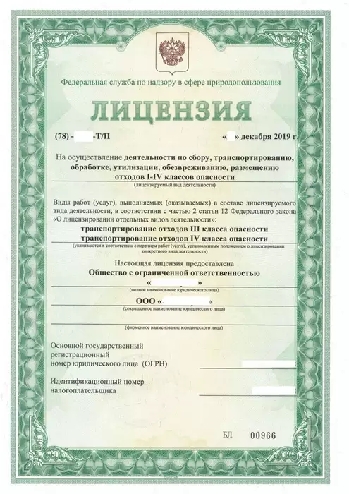 Образец документа — Лицензия на обезвреживание отходов