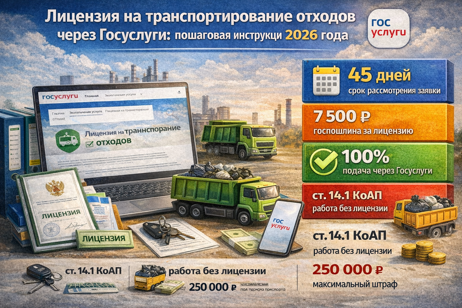 Лицензия на транспортирование отходов через Госуслуги: пошаговая инструкция 2026 года