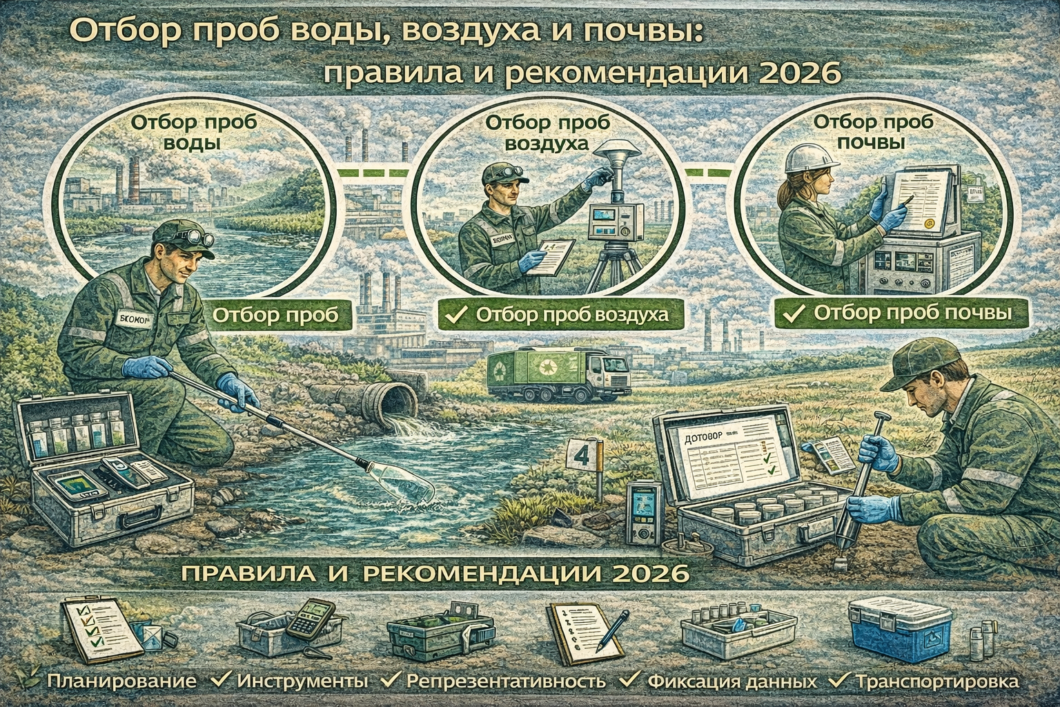 Отбор проб воды, воздуха и почвы: правила и рекомендации 2026