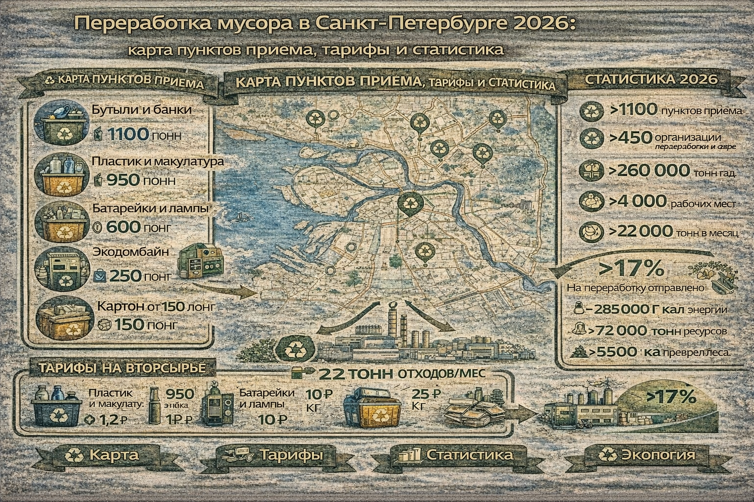 Переработка мусора в Санкт-Петербурге 2026: карта пунктов приема, тарифы и статистика