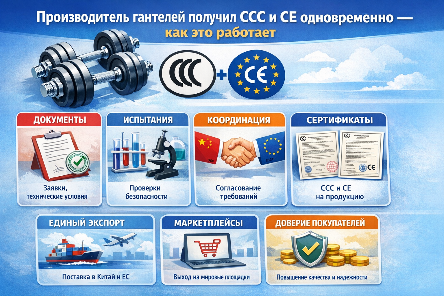 Сертификация гантелей в России 2026 — декларация соответствия, ГОСТ, ТН ВЭД, испытания и документы