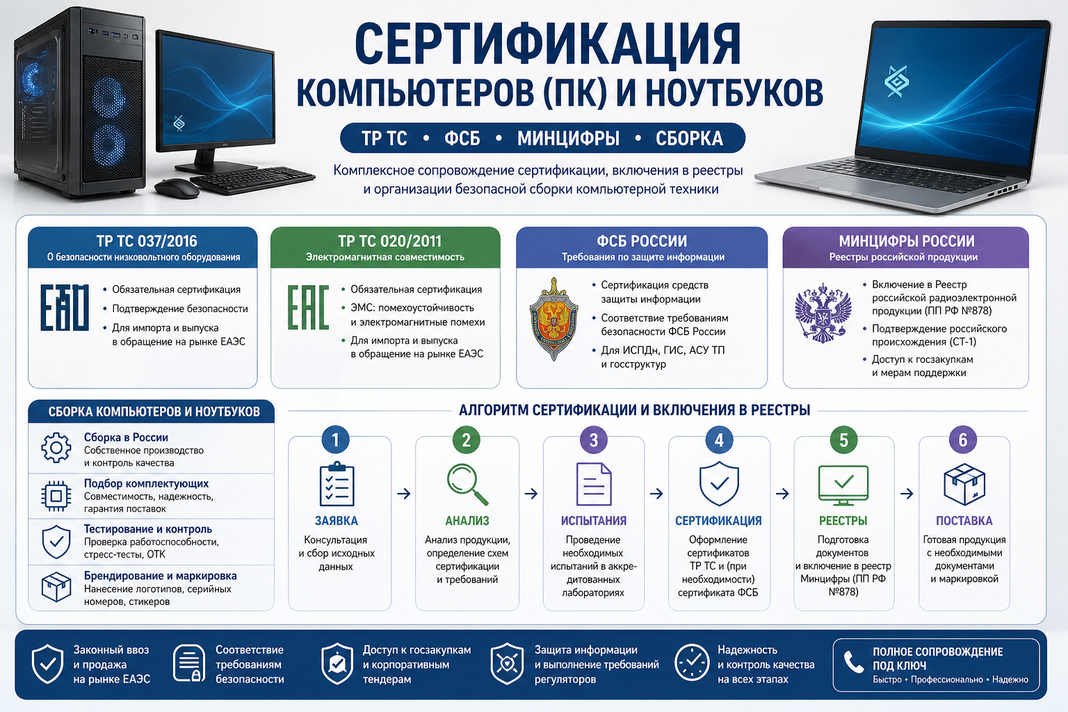 Сертификация компьютеров (ПК) и ноутбуков: ТР ТС, ФСБ, Минцифры, Сборка