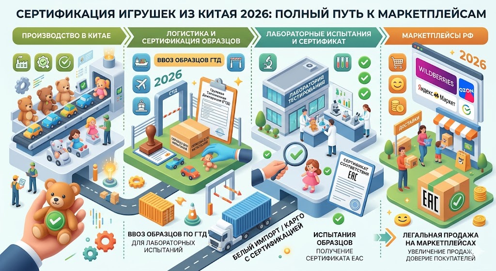 Сертификация Игрушек из Китая 2026: Маркетплейсы, Карго, Ввоз образцов ГТД