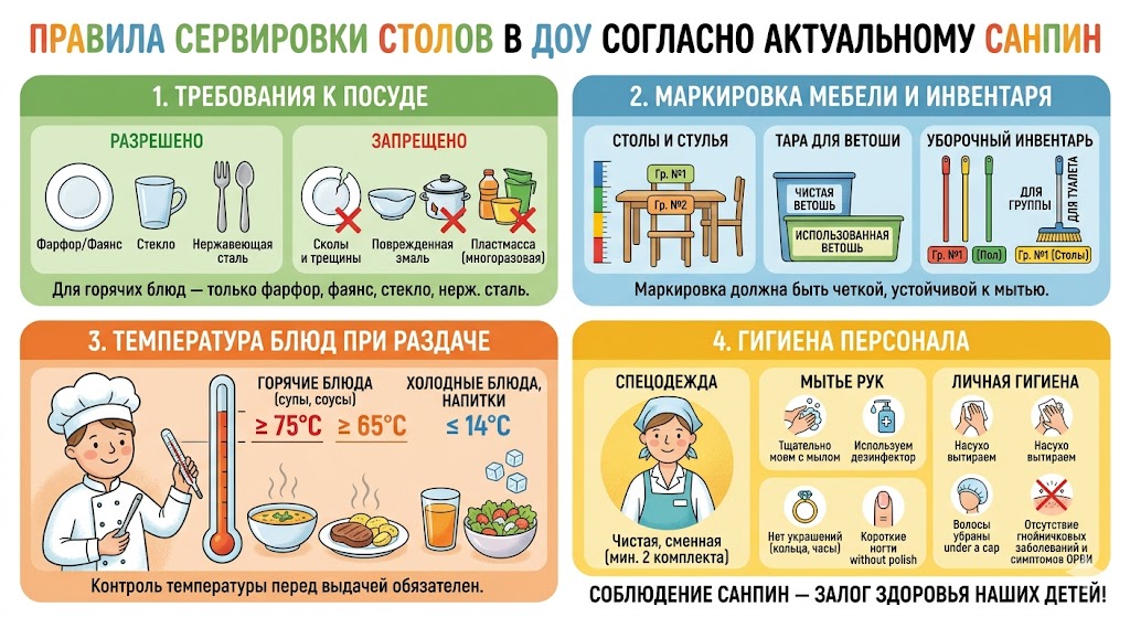СанПиН 2026: Сервировка столов и правила питания в детском саду
