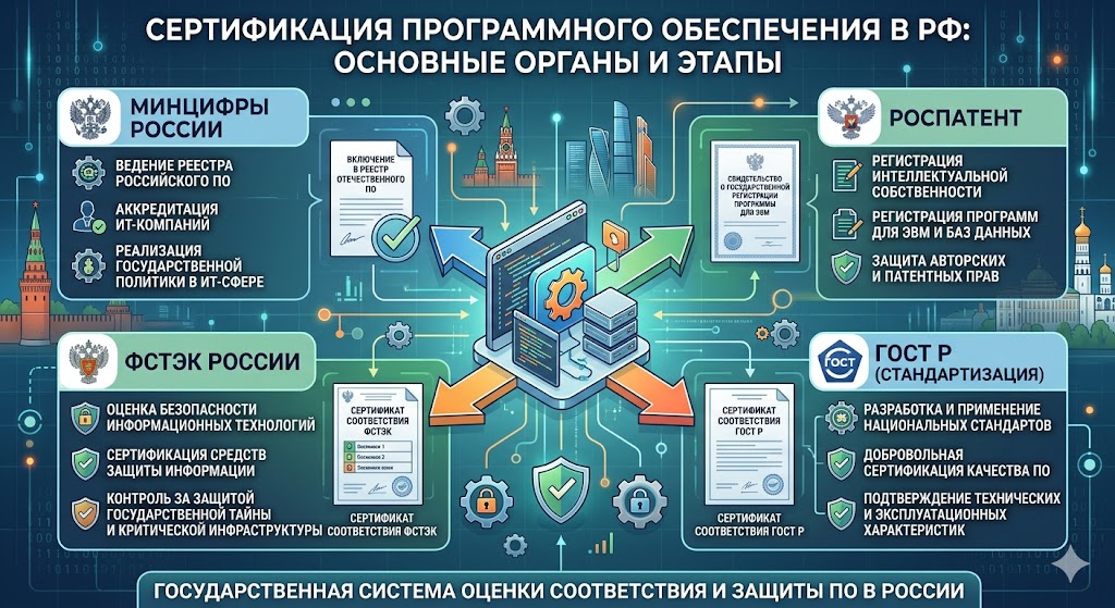 Сертификация программного обеспечения в РФ: Минцифры, ФСТЭК, Роспатент, ГОСТ Р