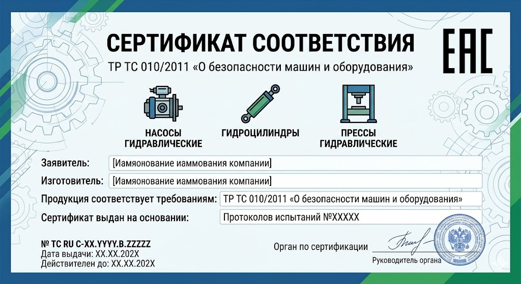 Сертификат на гидравлическое оборудование: Насосы, Цилиндры, Прессы ТР ТС 010