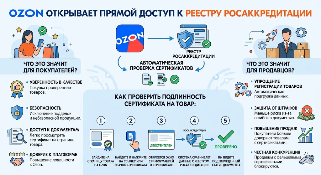 Ozon и Росаккредитация 2026: Проверка сертификатов в карточке товара