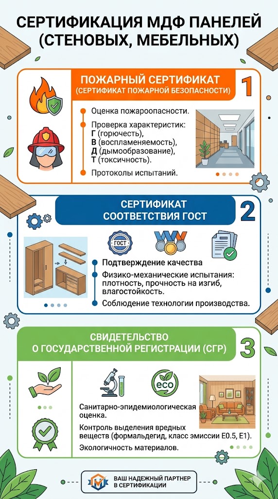 Сертификация МДФ панелей (стеновых, мебельных): Пожарный сертификат, ГОСТ, СГР