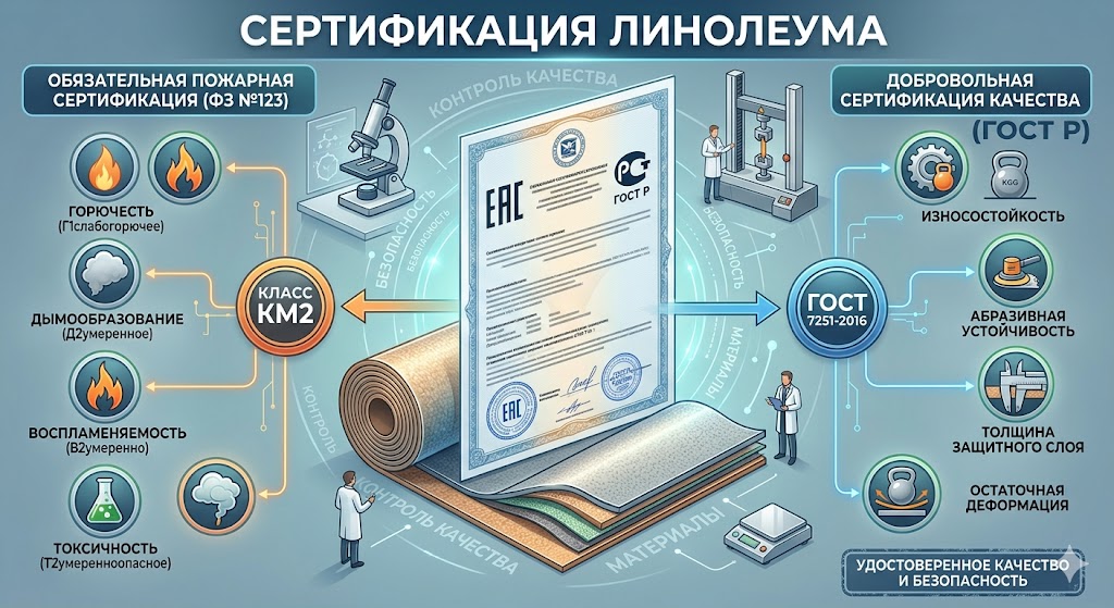 Сертификация линолеума: Обязательный пожарный сертификат ФЗ-123. Классы КМ