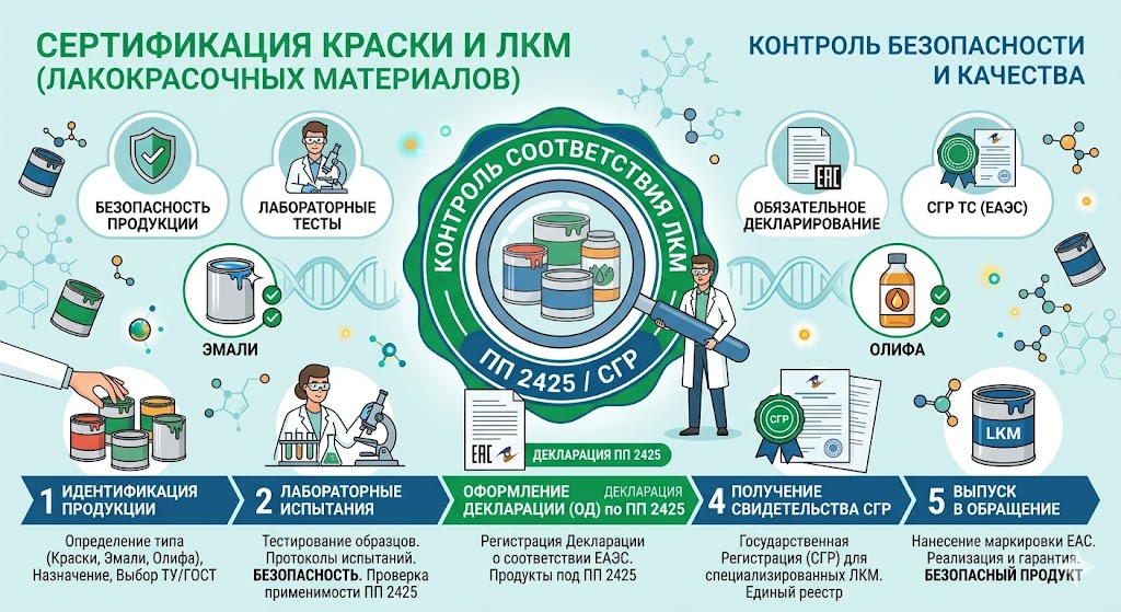 Сертификация краски и ЛКМ: Обязательные Декларации (ПП 2425), Эмали, Олифа, СГР