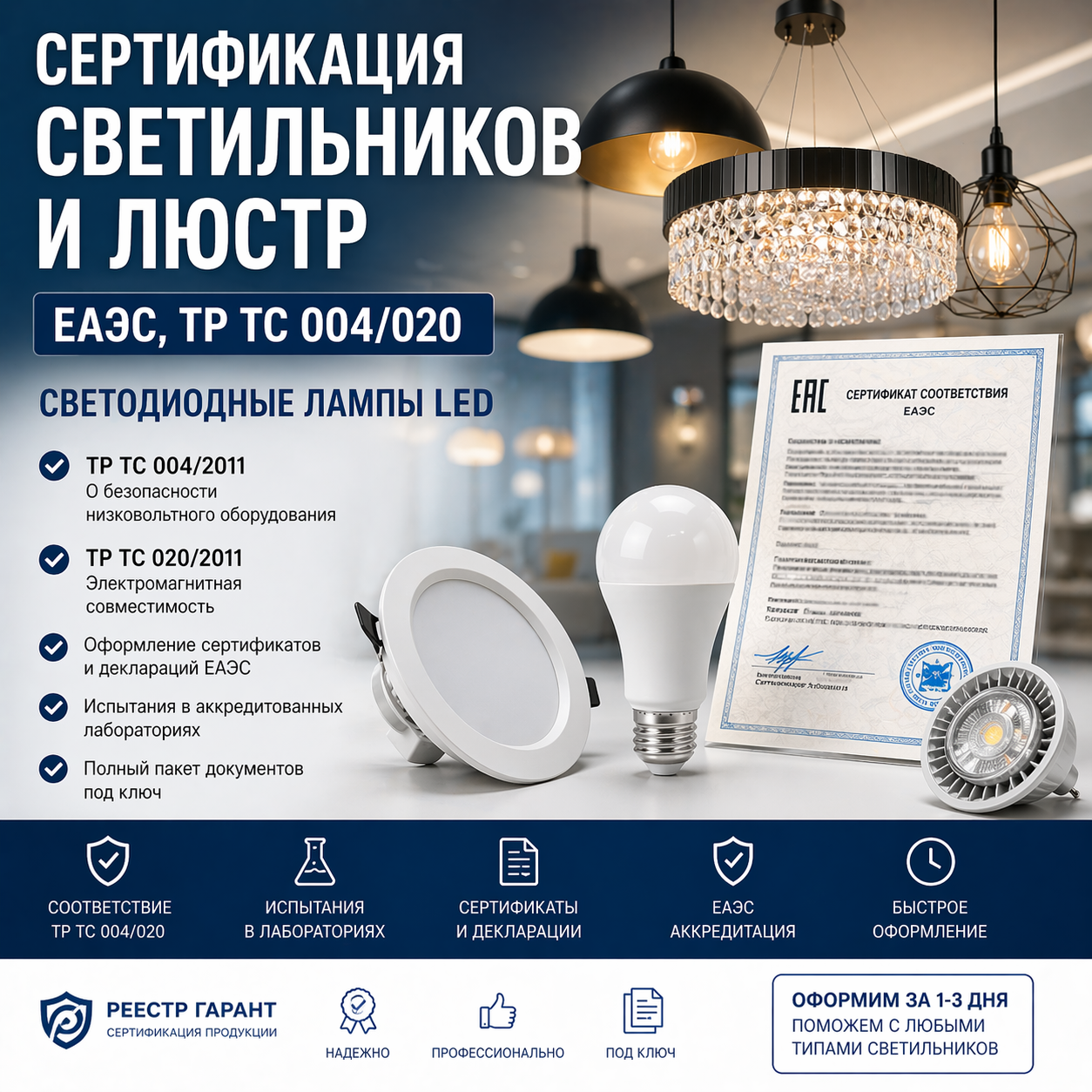 Сертификация светильников и люстр в ЕАЭС: ТР ТС 004/2011, 020/2011 и LED-лампы