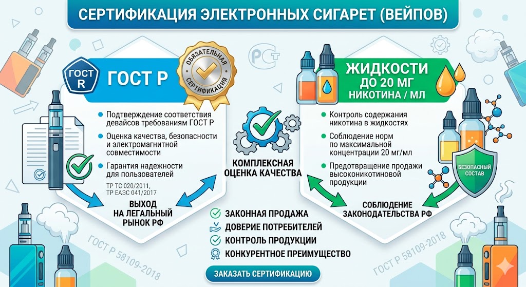 Сертификация электронных сигарет и вейпов: ГОСТ Р, декларация и жидкости до 20 мг никотина в России