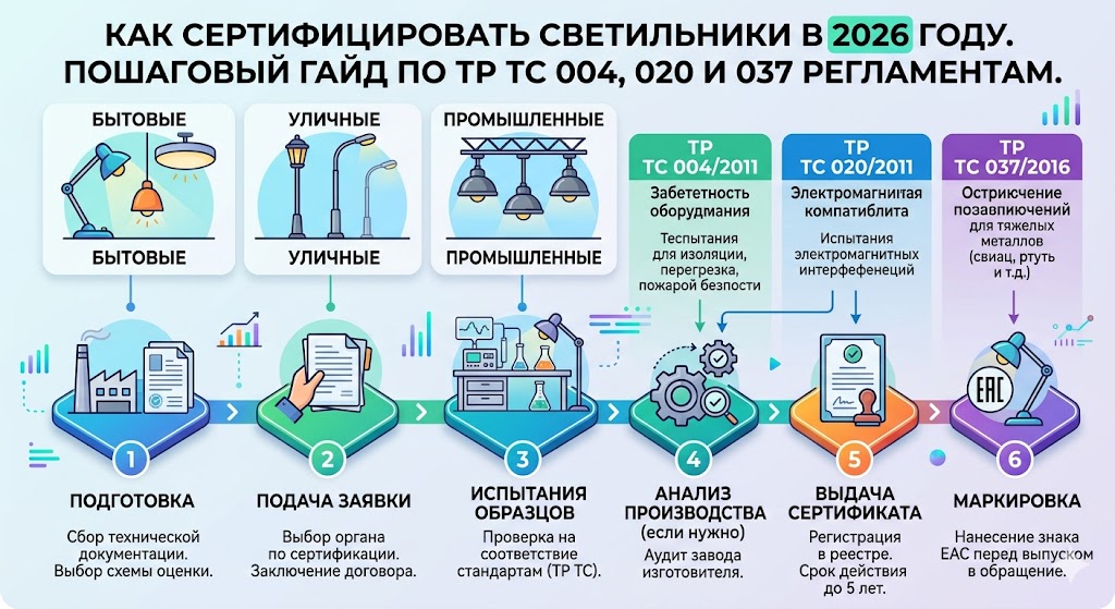 Сертификат на Светильники 2026: ТР ТС 004/2011, 020/2011, EAC