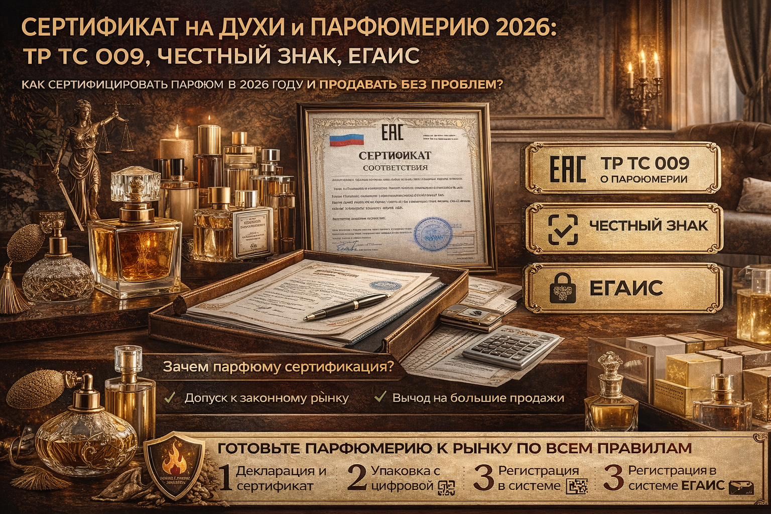 Сертификат на Духи и Парфюмерию 2026: ТР ТС 009, Честный ЗНАК, ЕГАИС