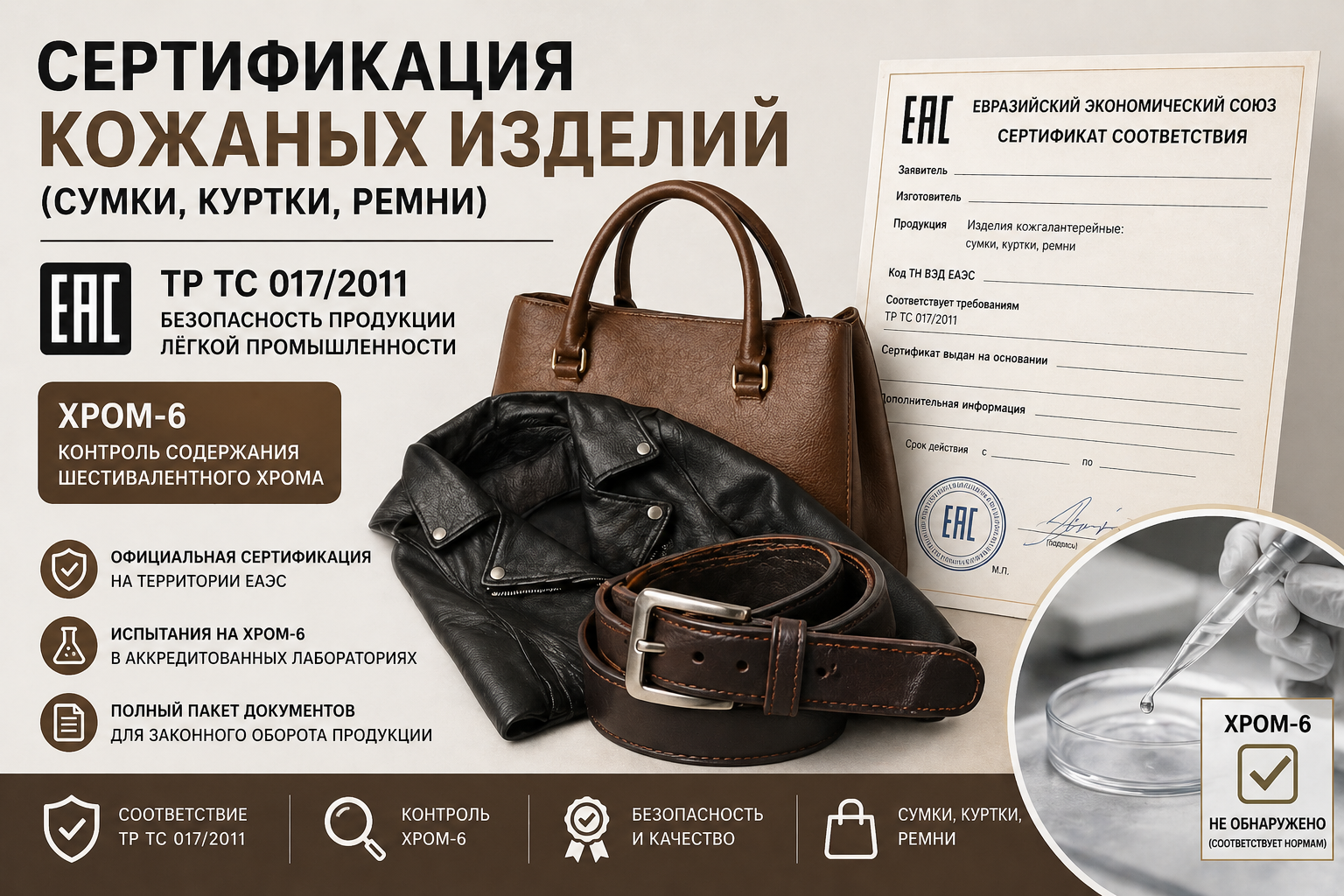 Сертификация Кожаных Изделий (Сумки, Куртки, Ремни): ТР ТС 017, Хром-6
