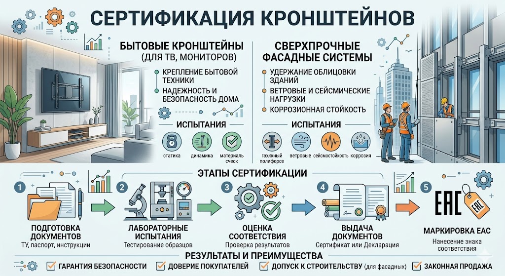 Сертификация кронштейнов: от бытовых (для ТВ) до сверхпрочных фасадных систем