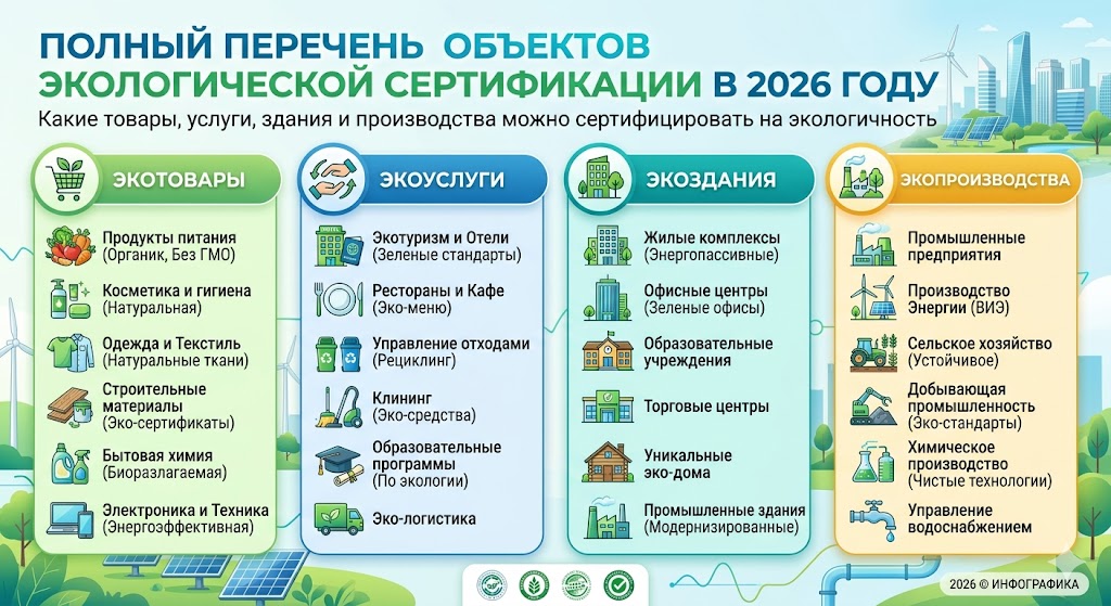 Объекты Эко-сертификации 2026: Продукты, Здания, Системы