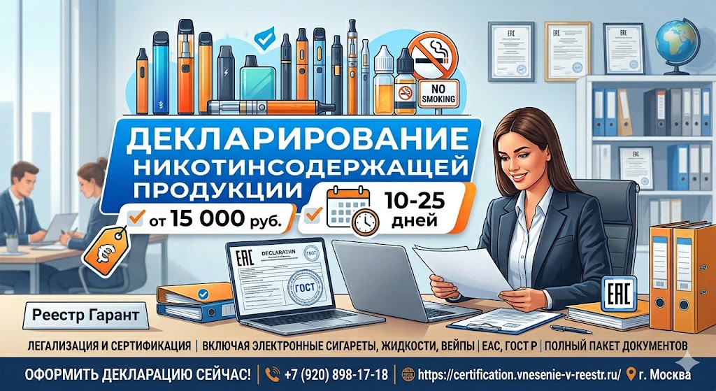 Декларирование никотинсодержащей продукции от 15 000 руб. | Реестр Гарант