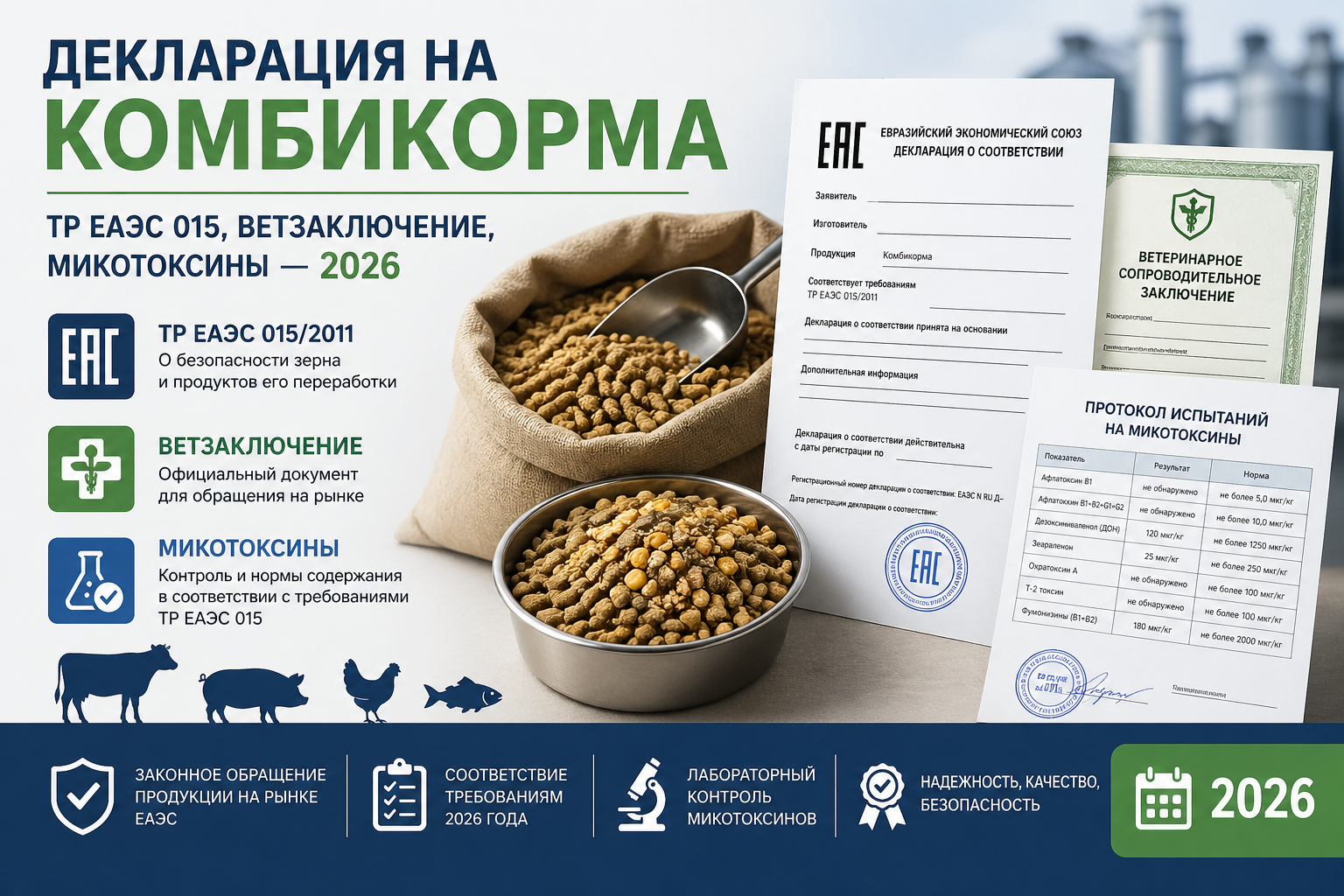 Декларация на Комбикорма: ТР ЕАЭС 015, Ветзаключение, Микотоксины — 2026