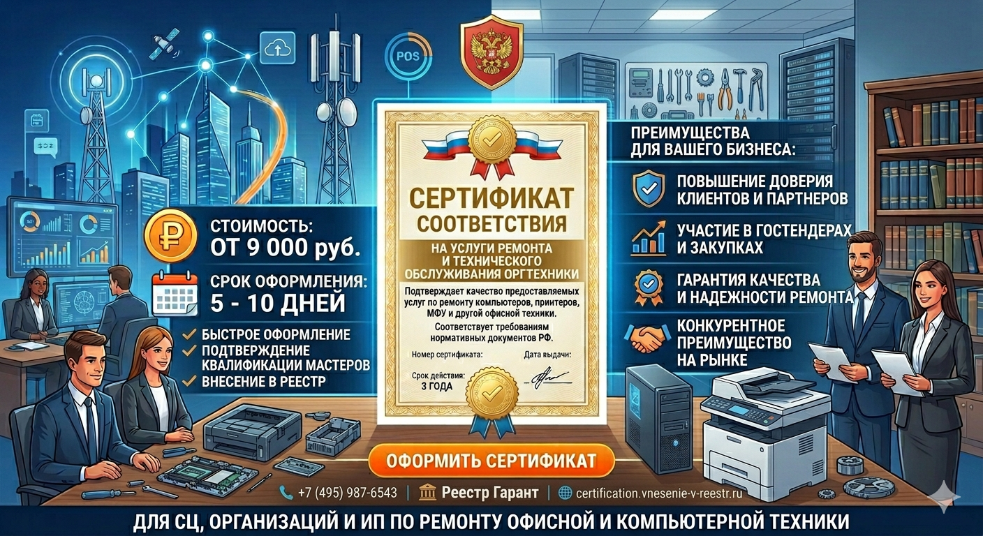 Сертификат на ремонт оргтехники от 9 000 руб., срок 5-10 дней | Реестр Гарант