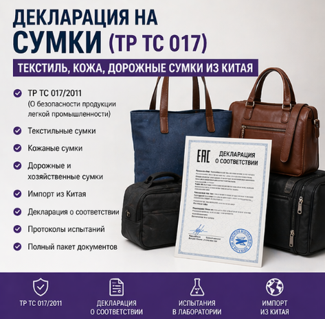 Декларация на Сумки (ТР ТС 017): Текстиль, Кожа, Дорожные Сумки из Китая