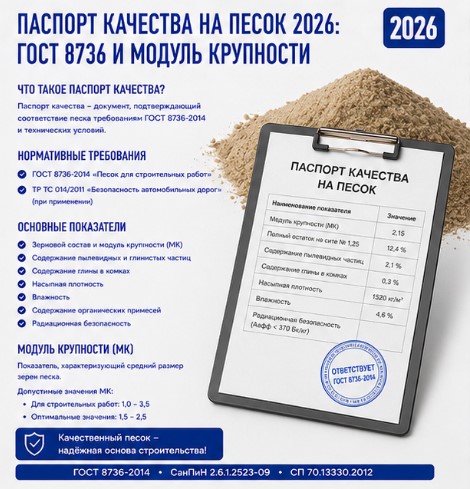 Паспорт качества на песок 2026: ГОСТ 8736 и модуль крупности