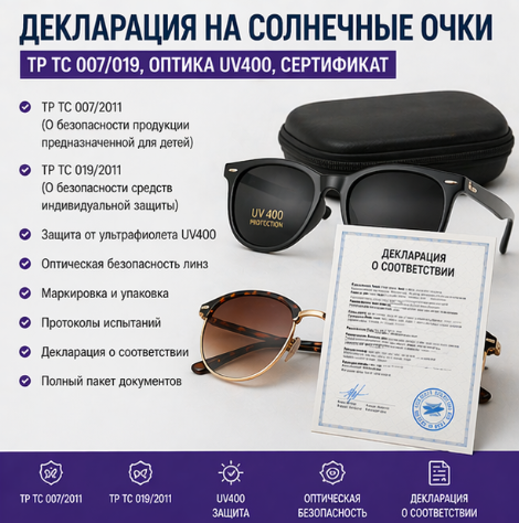 Декларация на Солнечные Очки: ТР ТС 007/019, Оптика UV400, Сертификат