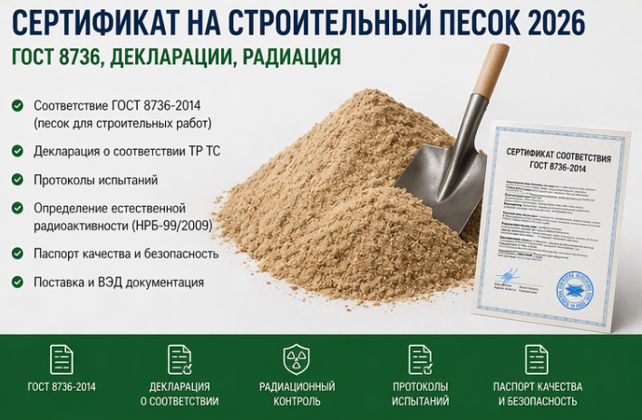 Сертификат на Строительный Песок 2026: ГОСТ 8736, Декларации, Радиация