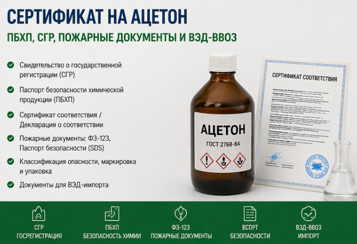 Сертификат на Ацетон: ПБХП, СГР, Пожарные Документы и ВЭД-Ввоз