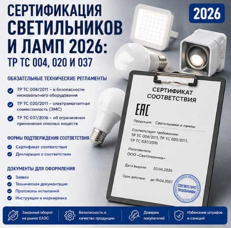 Сертификация светильников и ламп 2026: ТР ТС 004, 020 и 037
