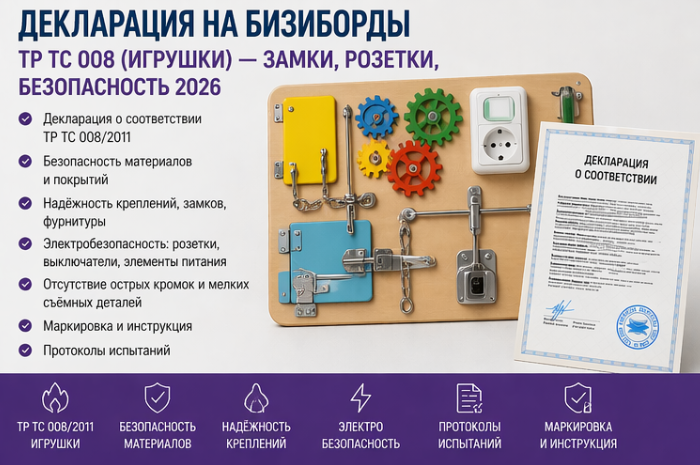 Декларация на Бизиборды: ТР ТС 008 (Игрушки) — Замки, Розетки, Безопасность 2026