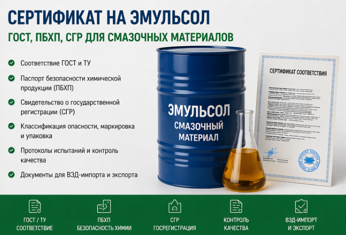 Сертификат на Эмульсол: ГОСТ, ПБХП, СГР для Смазочных Материалов