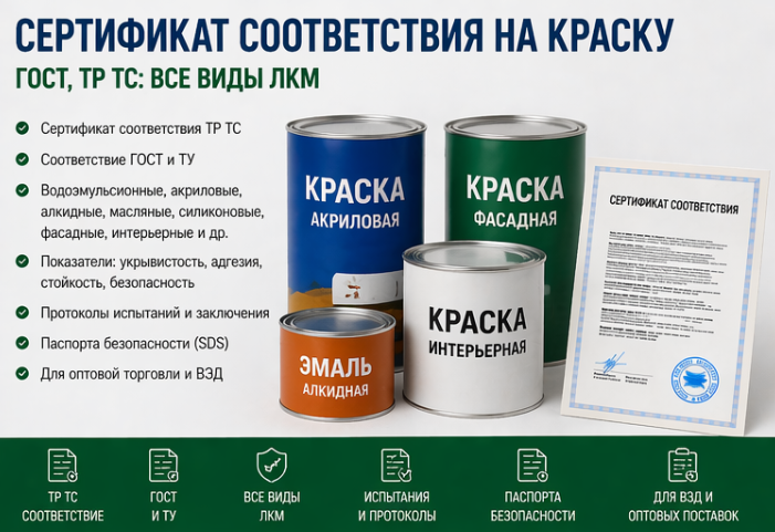 Сертификат Соответствия на Краску (ГОСТ, ТР ТС): Все Виды ЛКМ