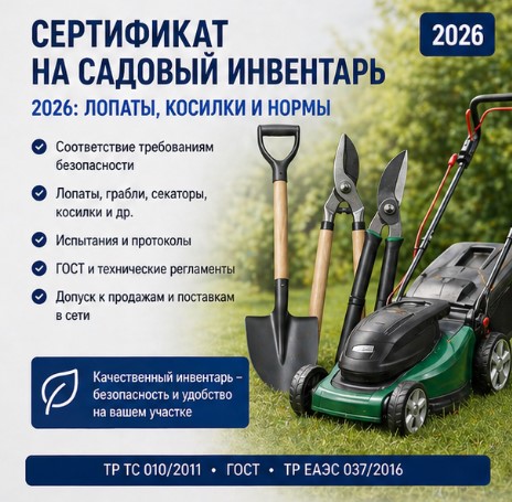 Сертификат на садовый инвентарь: лопаты, косилки и нормы 2026