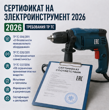 Сертификат на электроинструмент 2026: ТР ТС 004, 020, 037