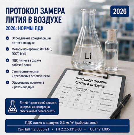 Протокол замера лития в воздухе 2026: нормы ПДК